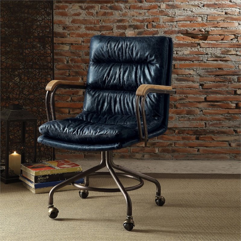 ACME Hedia Leather Swivel Office Chair in Vintage Blue