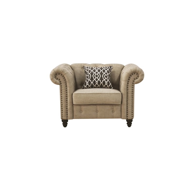 ACME Aurelia Nail-head Trim Tufted Chair with 1 Pillow in Beige Linen