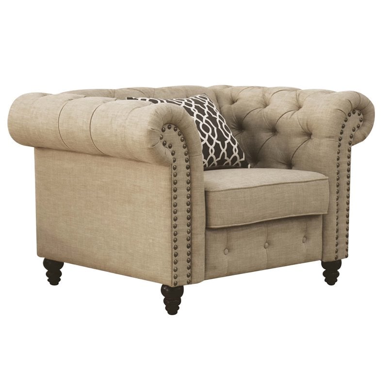 ACME Aurelia Nail-head Trim Tufted Chair with 1 Pillow in Beige Linen