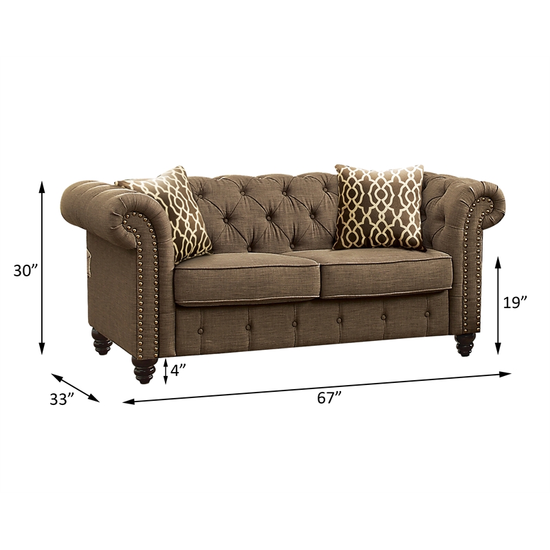 ACME Aurelia Tuxedo Linen Fabric Tufted Loveseat with Nailhead Trim in Brown