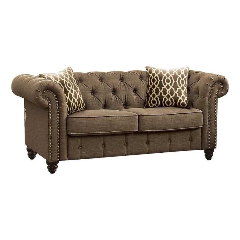 ACME Aurelia Tuxedo Linen Fabric Tufted Loveseat with Nailhead Trim in Brown