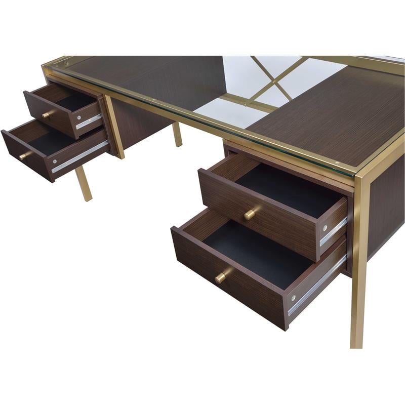 ACME Yumia Glass Rectangle Top 4-Drawer Writing Desk in Gold and Clear Glass