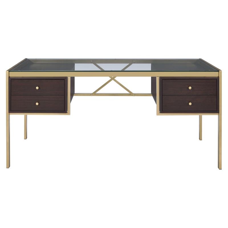 ACME Yumia Glass Rectangle Top 4-Drawer Writing Desk in Gold and Clear Glass
