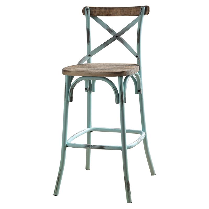 ACME Zaire Armless Bar Stool with Wooden Seat in Antique Sky and Antique Oak