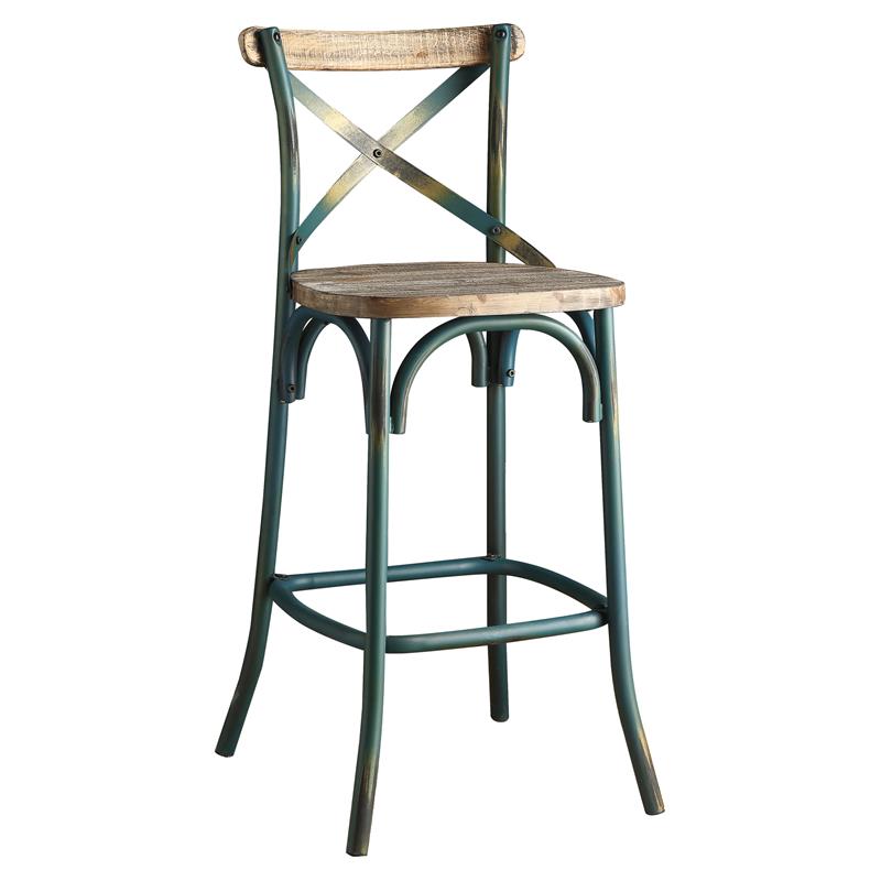 ACME Zaire Bar Stool with Wooden Seat in Antique Turquoise and Antique Oak