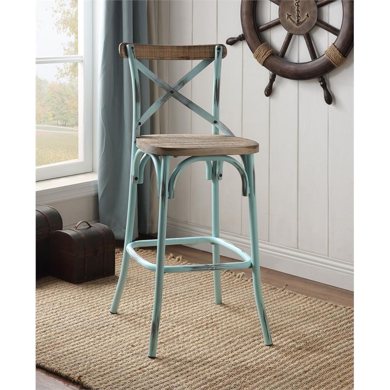 ACME Zaire Bar Stool with Wooden Seat in Antique Turquoise and Antique Oak