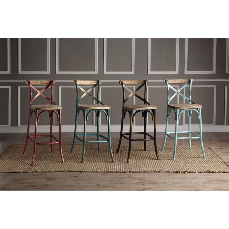 ACME Zaire Bar Stool with Wooden Seat in Antique Turquoise and Antique Oak