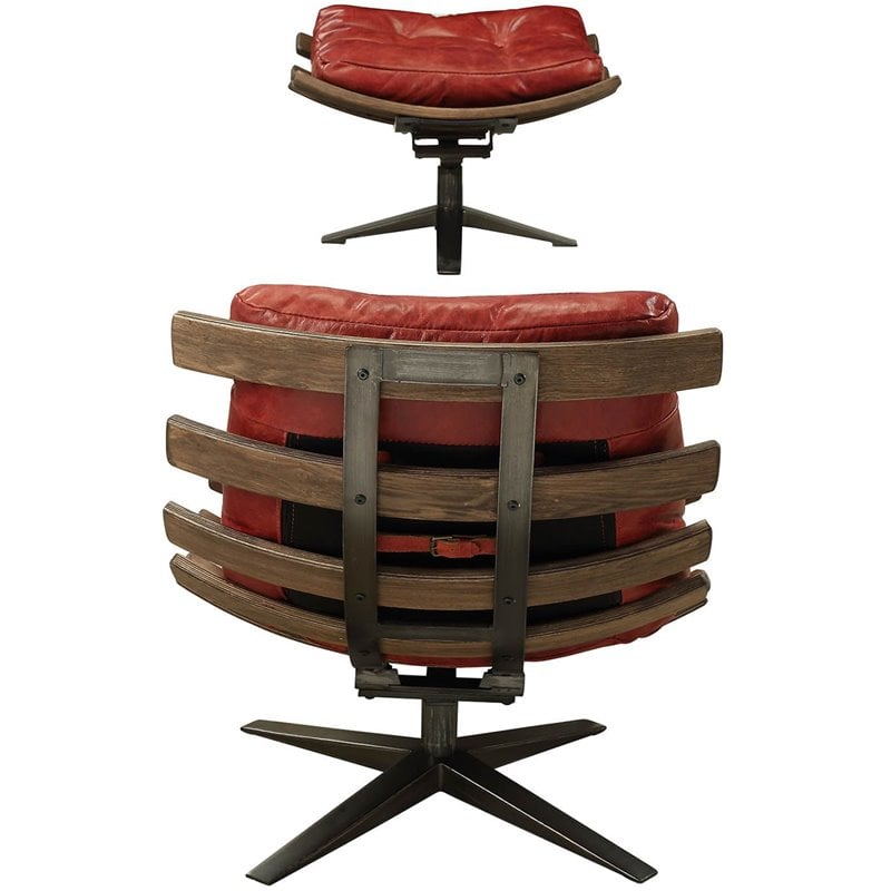 ACME Gandy Tufted Swayback Chair with Ottoman in Antique Red Top Grain Leather