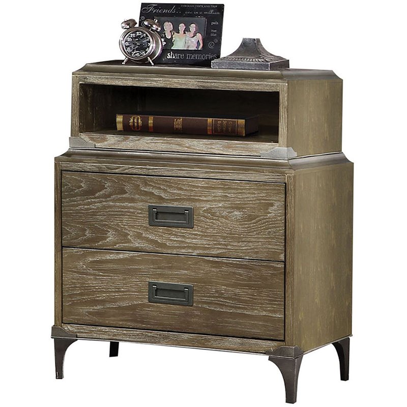 ACME Athouman 2 Drawer Wooden Nightstand with Compartment in Weathered Oak