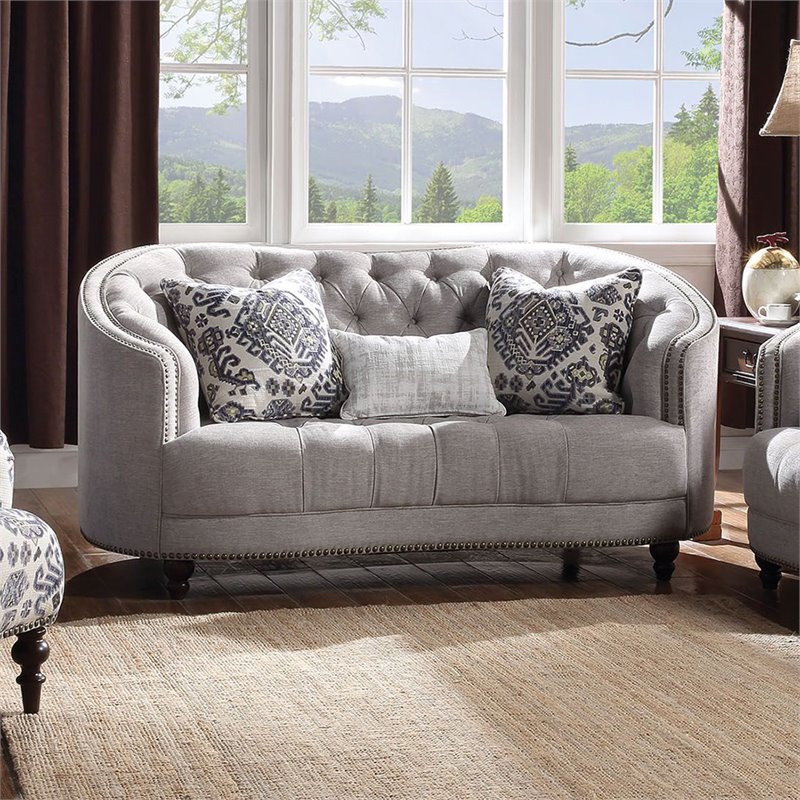 ACME Saira Button Tufted Loveseat with 3 Pillows in Light Gray Fabric