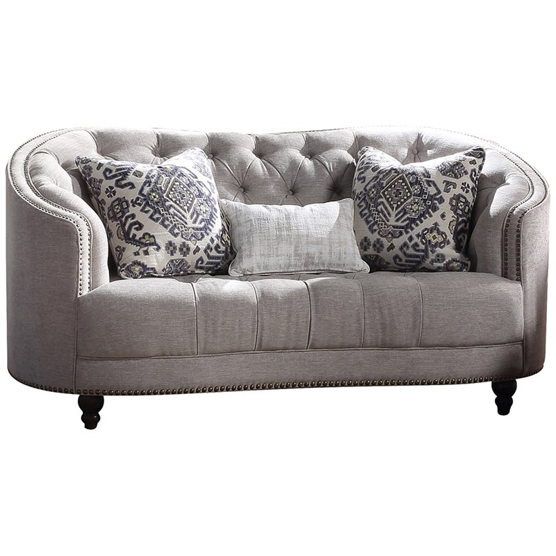 ACME Saira Button Tufted Loveseat with 3 Pillows in Light Gray Fabric