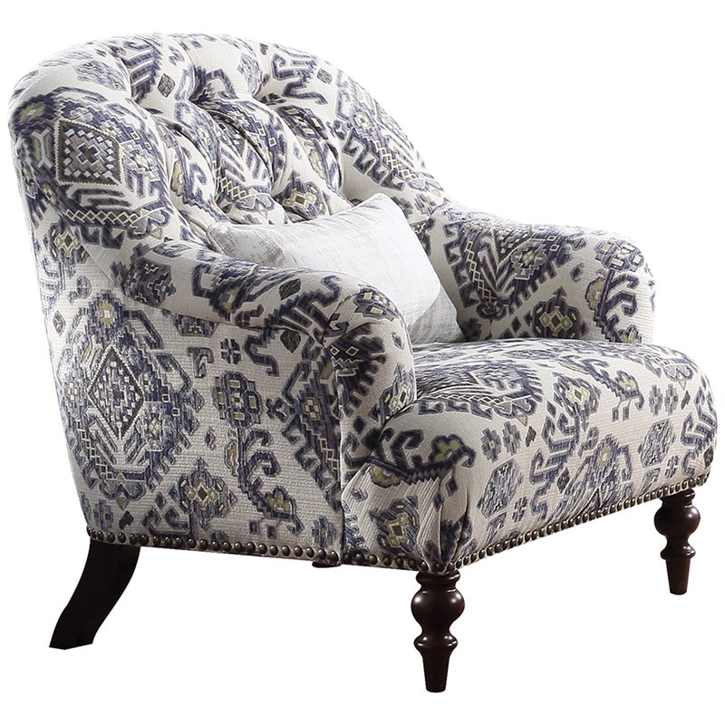 ACME Saira Tufted Accent Chair with 1 Pillow in Light Gray and Blue Fabric