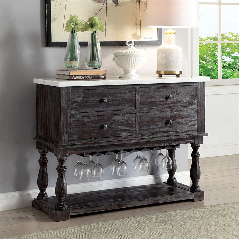 ACME Gerardo 4-Drawer Wooden Marble Top Server in White and Weathered Espresso