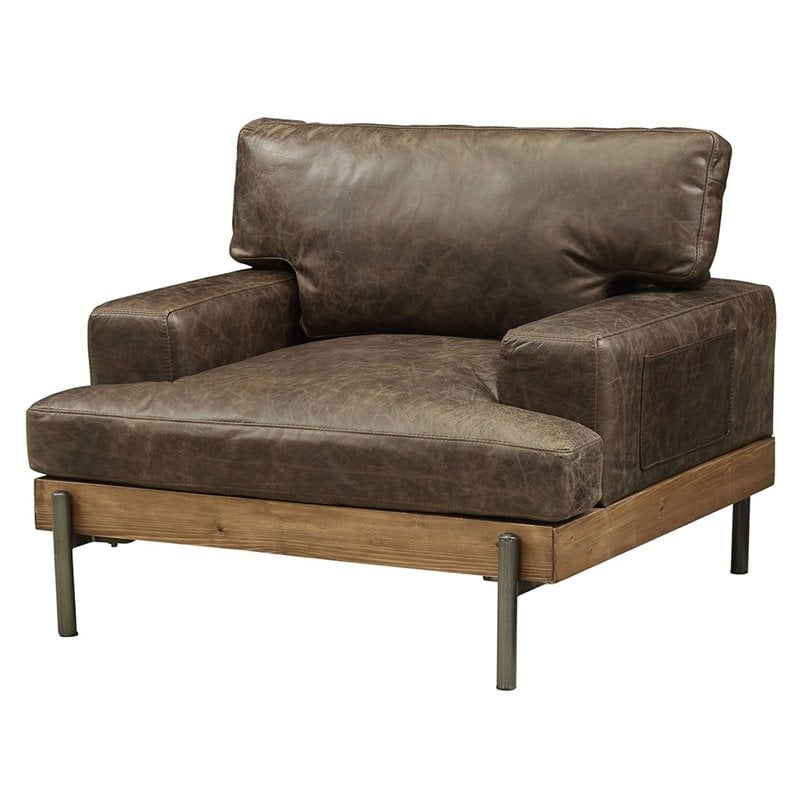 ACME Silchester Leather Accent Chair in Oak and Distress Chocolate
