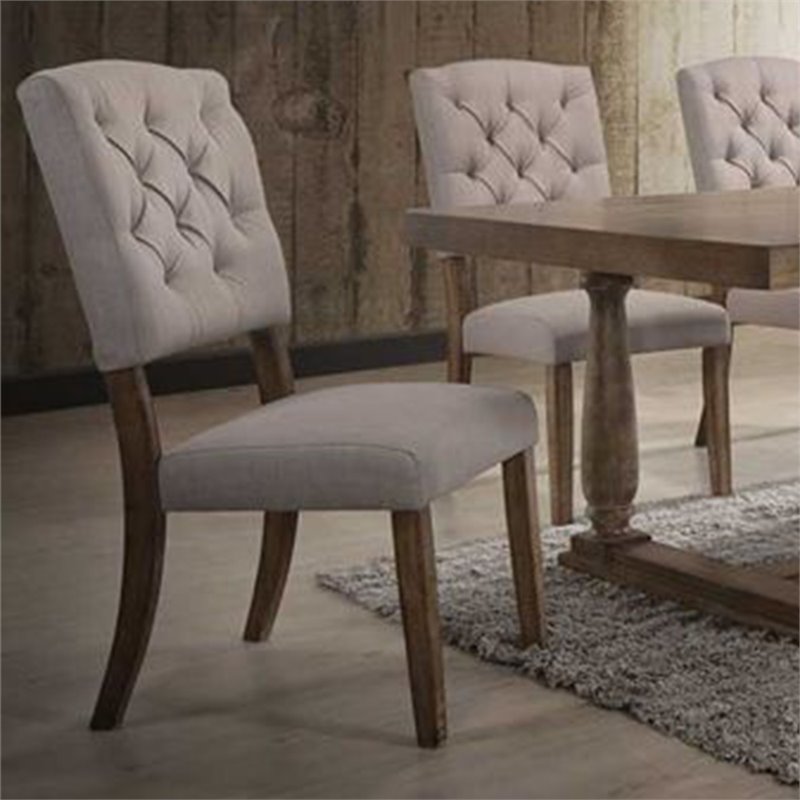 ACME Bernard Line Fabric Tufted Dining Side Chair in Cream and Weathered Oak