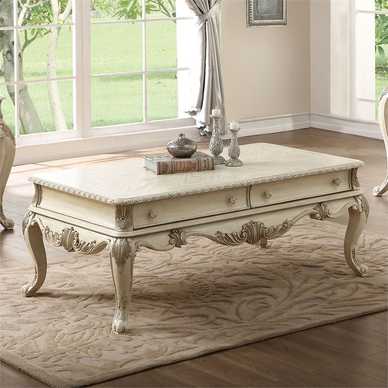 ACME Ragenardus 2-Drawer Wooden Top Storage Coffee Table in Antique White