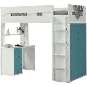 ACME Nerice Twin Storage Loft Bed in White and Teal