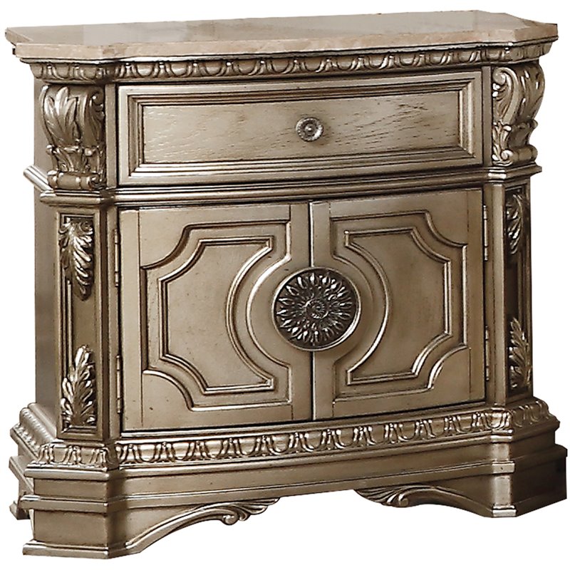ACME Northville 1 Drawer Wooden Marble Top Nightstand in Antique Silver
