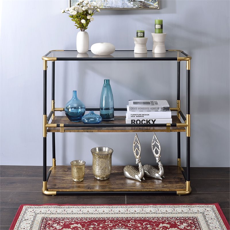 ACME Heleris Glass Top Console Table with Wooden Shelf in Black and Gold