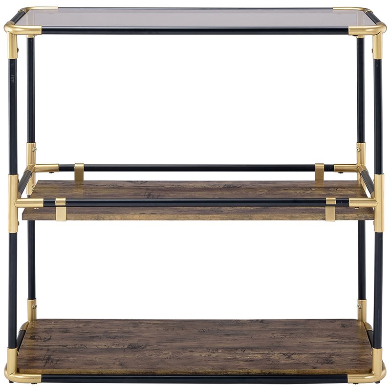 ACME Heleris Glass Top Console Table with Wooden Shelf in Black and Gold
