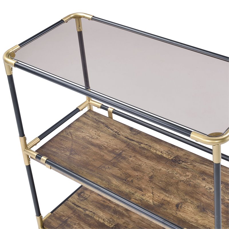 ACME Heleris Glass Top Console Table with Wooden Shelf in Black and Gold