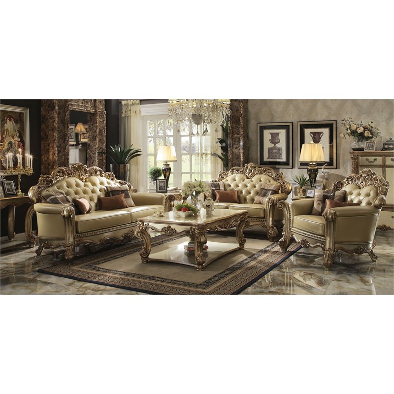 ACME Vendome Faux Leather Tufted Sofa in Bone and Gold Patina