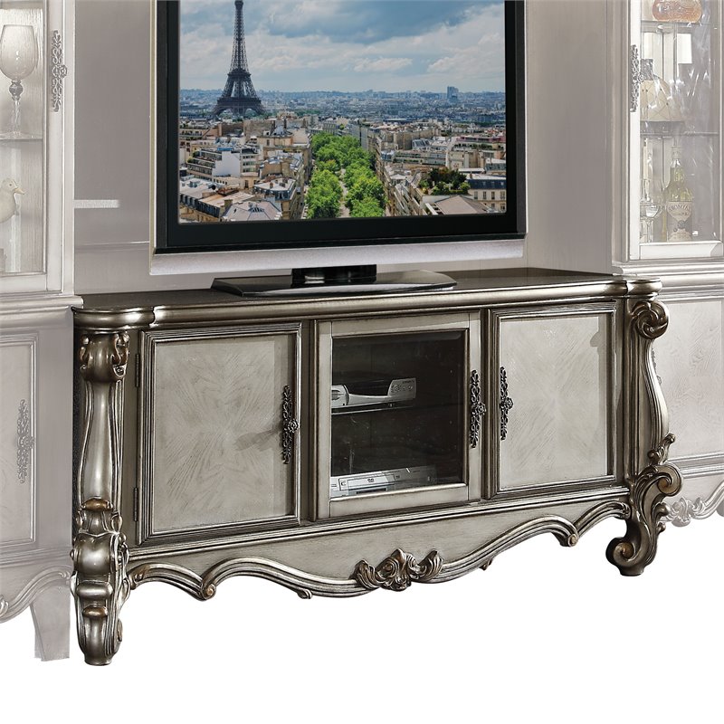 ACME Versailles 3-Door Wooden TV Console in Antique Platinum and Gray