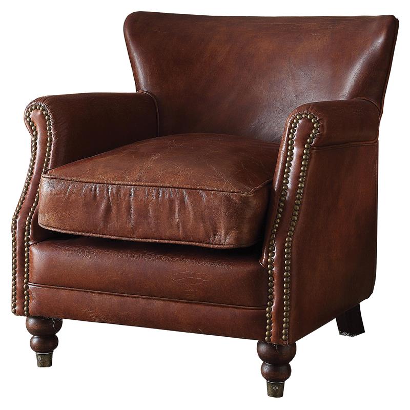 ACME Leeds Top Grain Leather Upholstery Accent Chair in Vintage Dark Brown