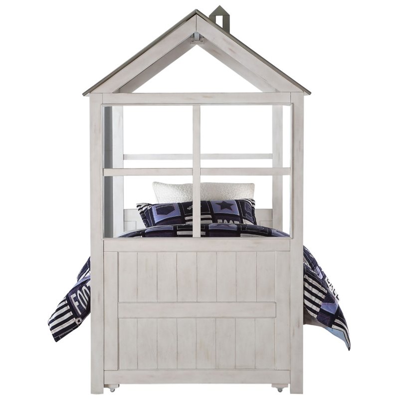 ACME Tree House II Wooden Frame Twin Bed in Weathered White and Washed Gray