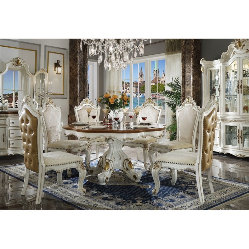 ACME Picardy Round Wooden Dining Table in Antique Pearl and Cherry Oak