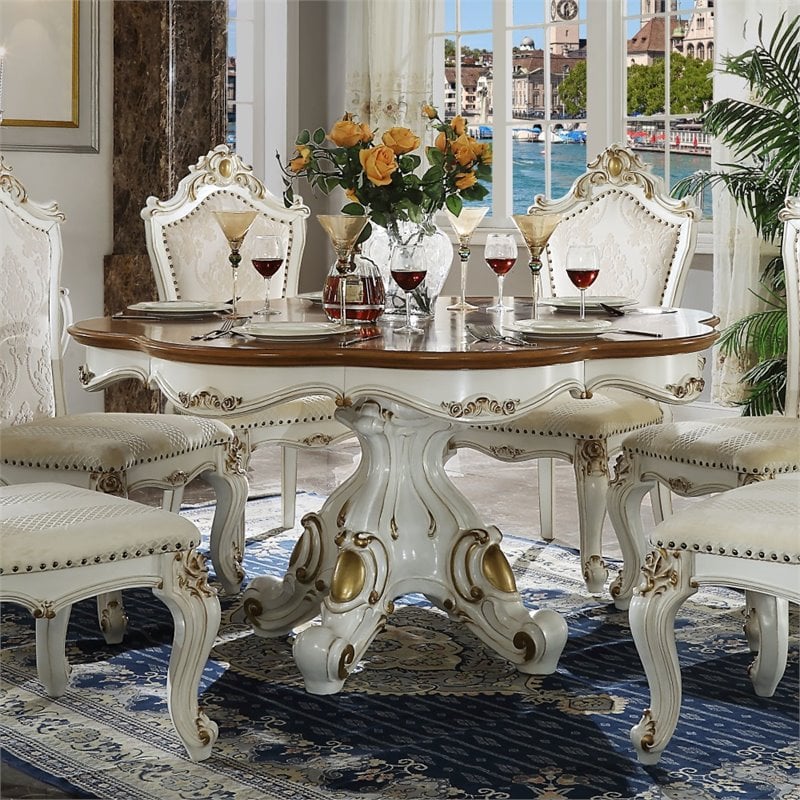 ACME Picardy Round Wooden Dining Table in Antique Pearl and Cherry Oak