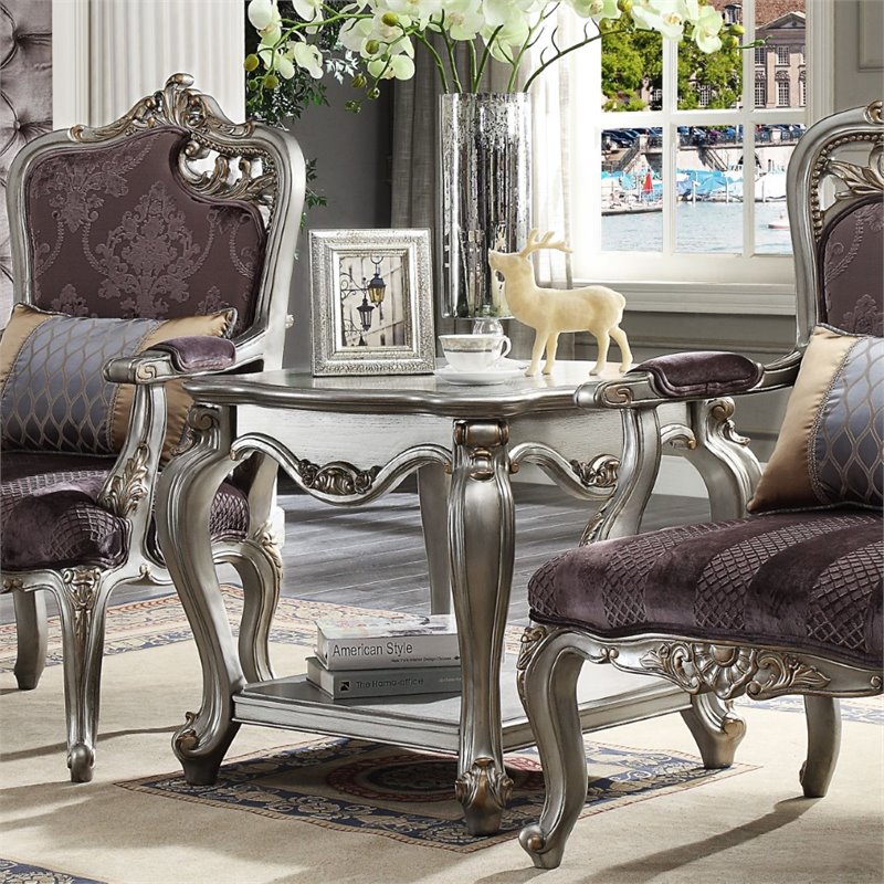 ACME Picardy Suqare Wooden End Table in Antique Platinum and Gray