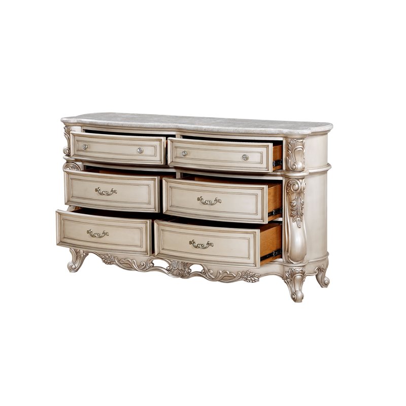 Acme Gorsedd 6-Drawer Wooden Dresser with Marble Top in Golden Ivory