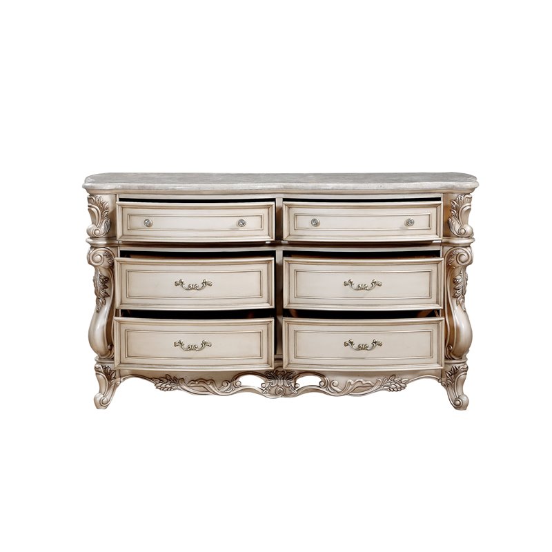 Acme Gorsedd 6-Drawer Wooden Dresser with Marble Top in Golden Ivory