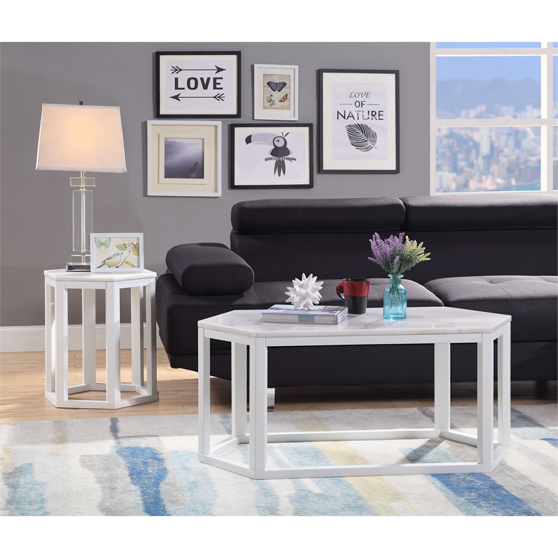 ACME Reon Hexagon 2-Pieces Marble Top End Table in White