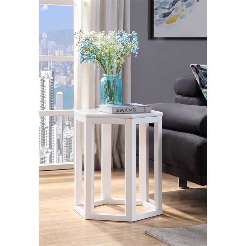 ACME Reon Hexagon 2-Pieces Marble Top End Table in White