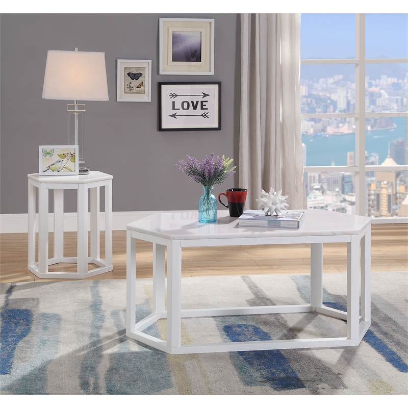 ACME Reon Hexagon 2-Pieces Marble Top End Table in White