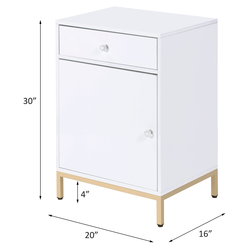 ACME Ottey Engineered Wood 1-Drawer Cabinet in White High Gloss and Gold