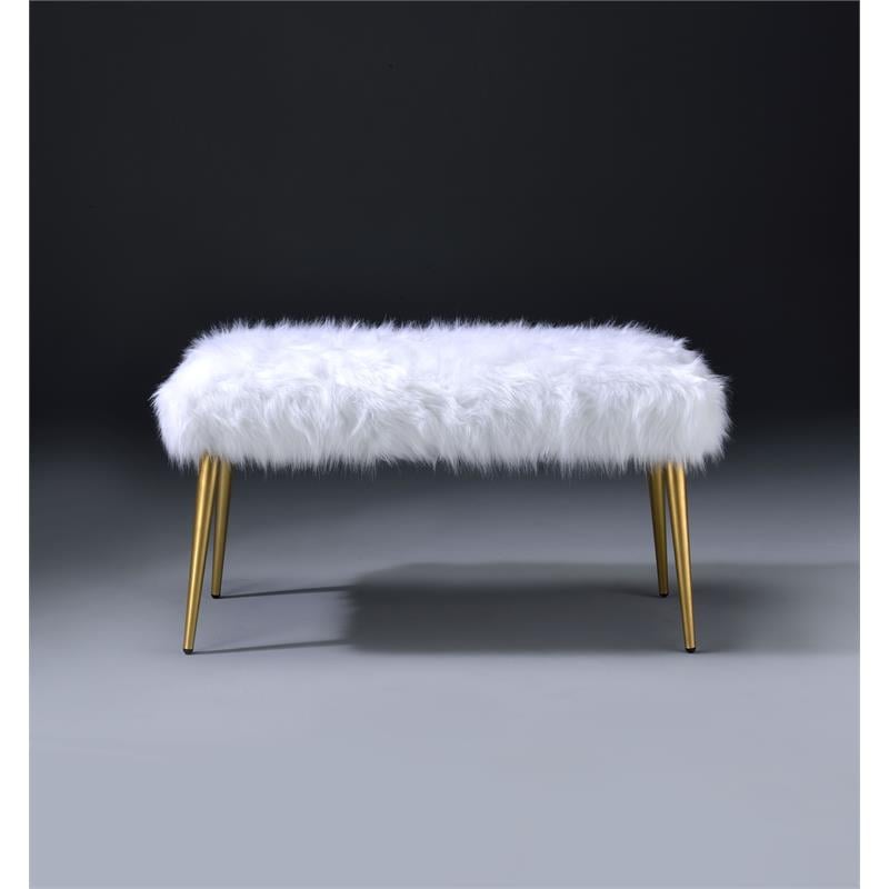 ACME Bagley II Faux Fur Upholstered Bench with Metal Legs in White and Gold