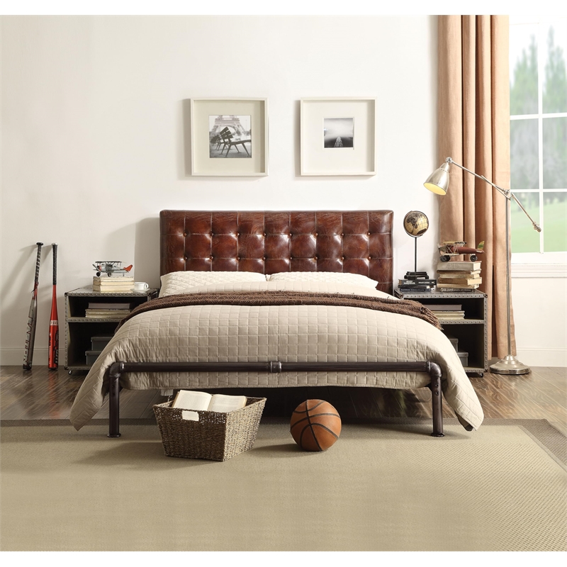 ACME Brancaster Tufted Leather Queen Bed in Vintage Brown