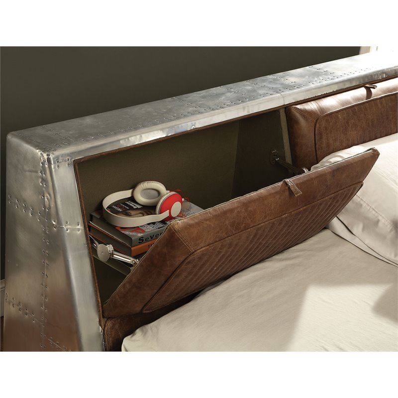 ACME Brancaster Leather Queen Platform Bed with Storage in Retro Brown and Gray