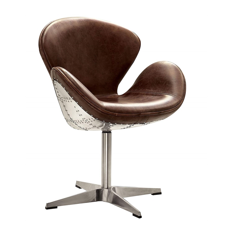 ACME Brancaster Leather Swivel Accent Chair with Nailhead Trim in Retro Brown