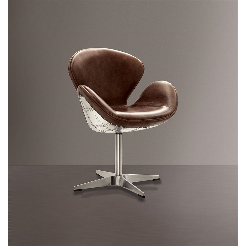 ACME Brancaster Leather Swivel Accent Chair with Nailhead Trim in Retro Brown