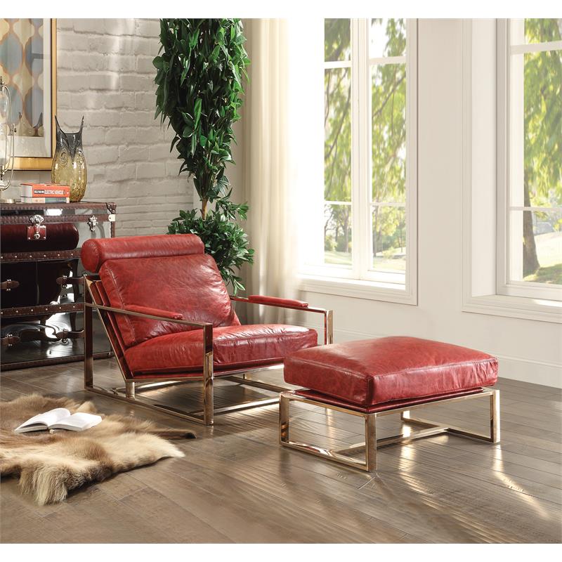 ACME Quinto Accent Chair in Antique Red Top Grain Leather and Stainless Steel