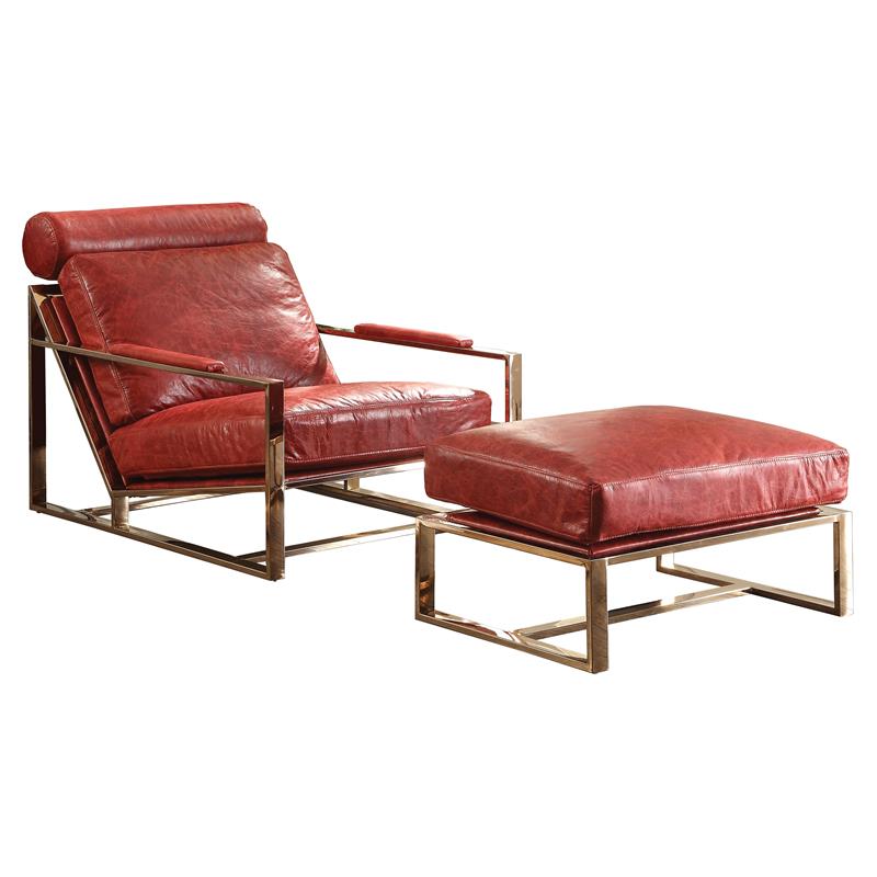 ACME Quinto Accent Chair in Antique Red Top Grain Leather and Stainless Steel