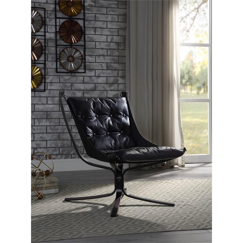 ACME Carney Button Tufted Accent Chair in Vintage Blue Top Grain Leather