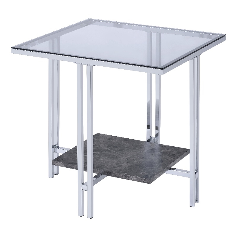 ACME Liddell Rectangular Glass Top End Table with Shelf in Chrome and Clear