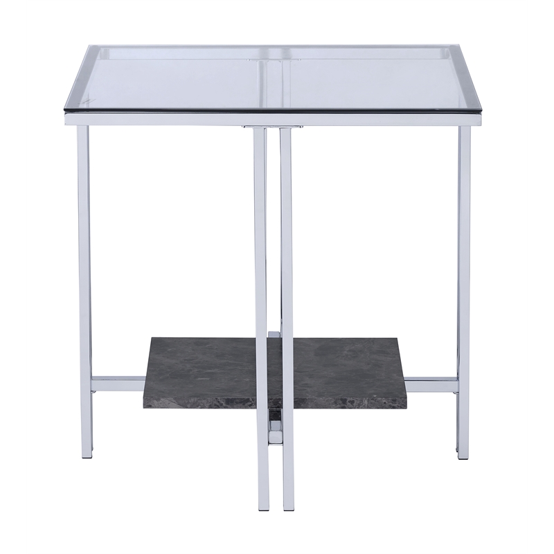 ACME Liddell Rectangular Glass Top End Table with Shelf in Chrome and Clear