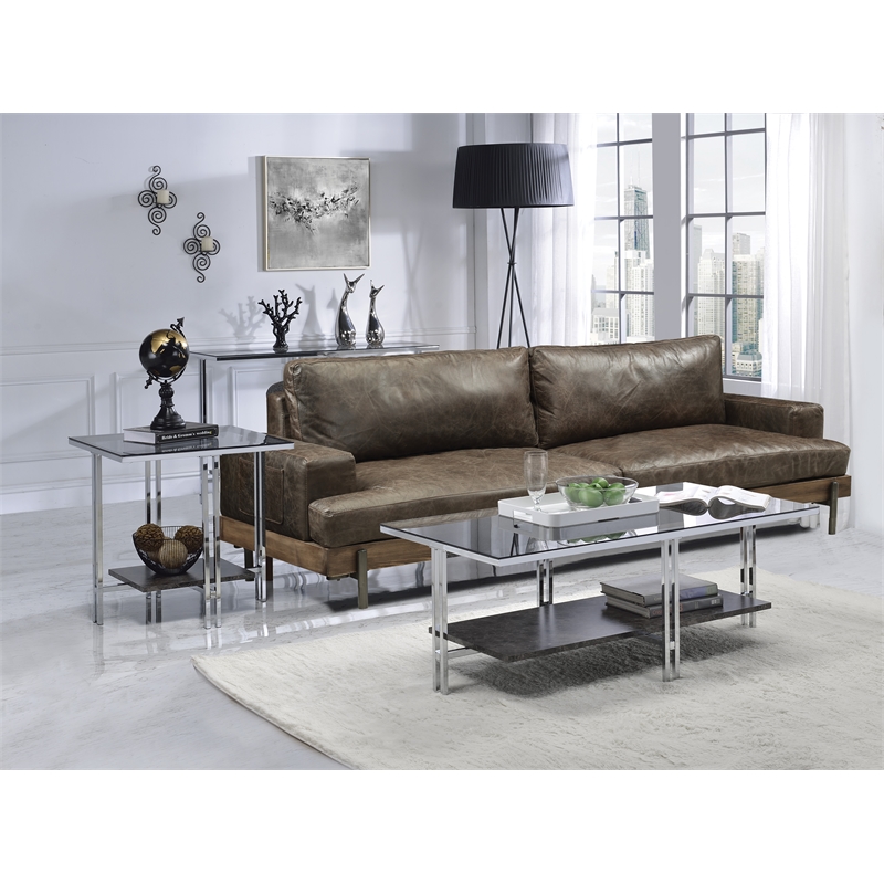 ACME Liddell Rectangular Glass Top End Table with Shelf in Chrome and Clear