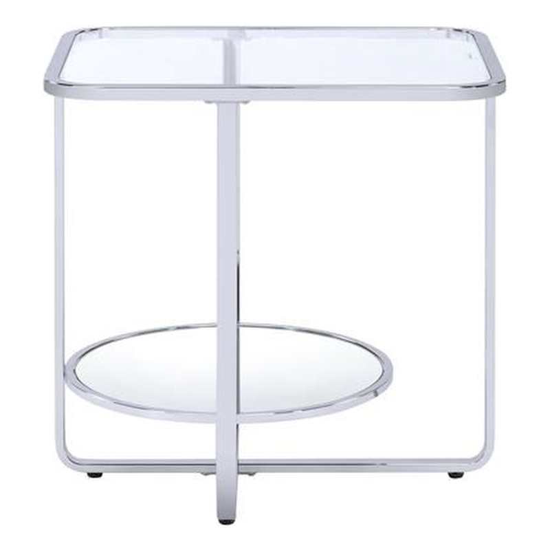 ACME Hollo Rectangular Glass Top End Table with Shelf in Chrome and Mirrored